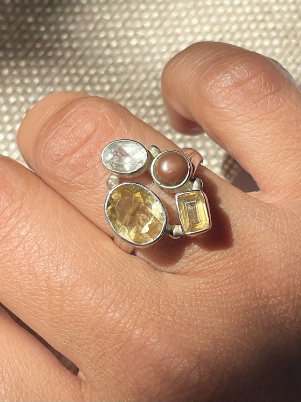 925 Sterling Silver Natural Multi-Gemstone Ring Citrine, Quartz & Pearl  us:8